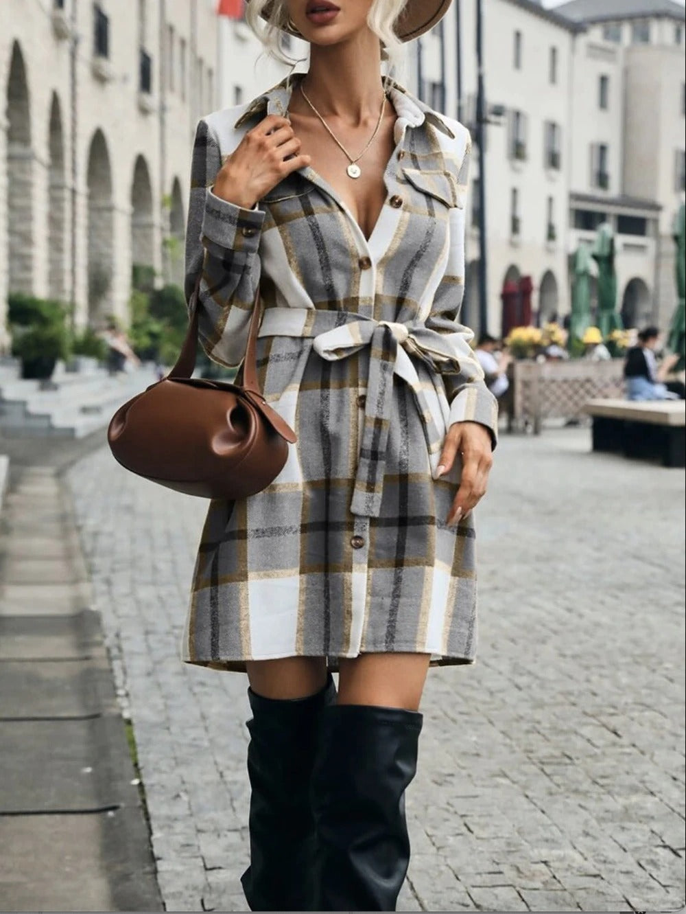 Coco Choose Your Vibe Plaid Belted Shirt Dress Coco dresses