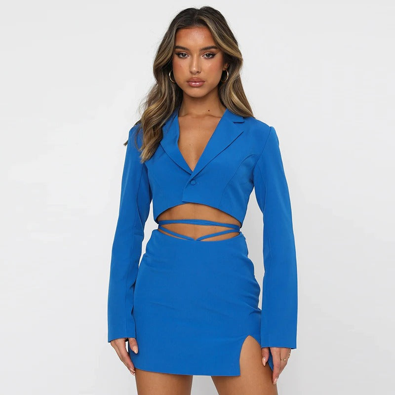 Coco Wrap Session Cropped Blazer Lace Up Skirt Set Coco Set Blue / S