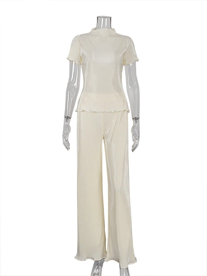 Coco Firenze High Neck Pleated Short Sleeves Top & Pants Set Coco Set Cream / S