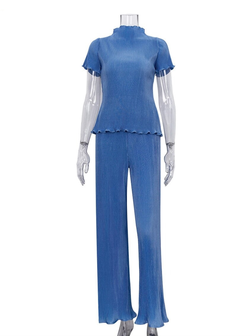 Coco Firenze High Neck Pleated Short Sleeves Top & Pants Set Coco Set