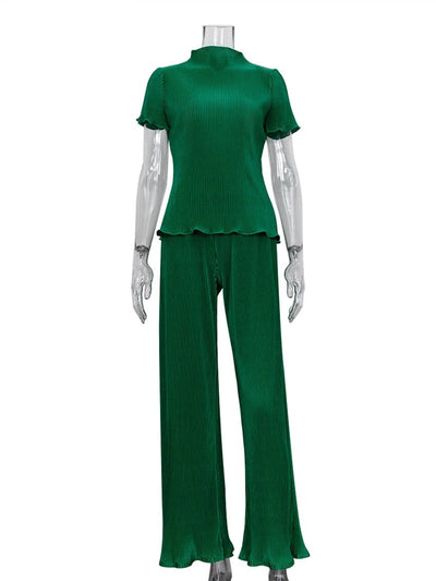 Coco Firenze High Neck Pleated Short Sleeves Top & Pants Set Coco Set Green / S