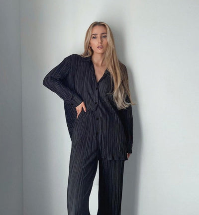 Coco Milano Pleated Two-Piece Shirt and High-Waist Pants Set Coco Set