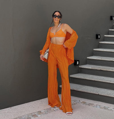 Coco Milano Pleated Two-Piece Shirt and High-Waist Pants Set Coco Set Orange / S