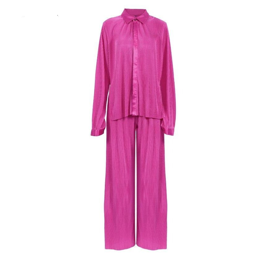 Coco Soft Pleated Wide Leg Pant & Shirt set Coco Set Pink / S