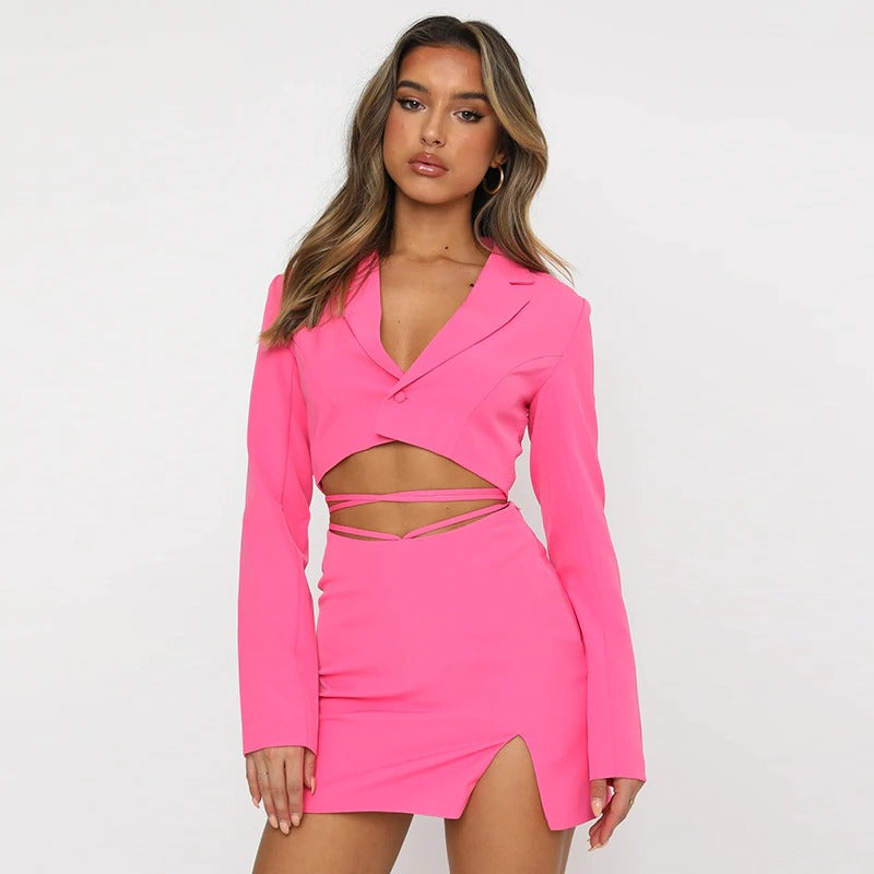 Coco Wrap Session Cropped Blazer Lace Up Skirt Set Coco Set Pink / S