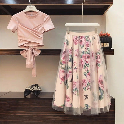 Coco Midi Tulle Floral Skirt and bowknot Crop Top Coco Set S
