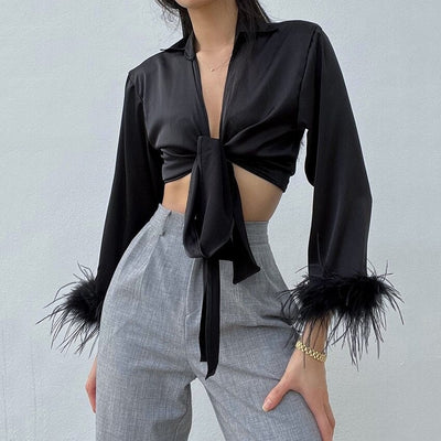 Coco Highly Iconic Feathered Sleeves Crop Top Coco Tops Black / M