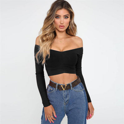 Coco Weekend Outing Off Shoulder Ribbed Crop Top Coco Tops Black / S