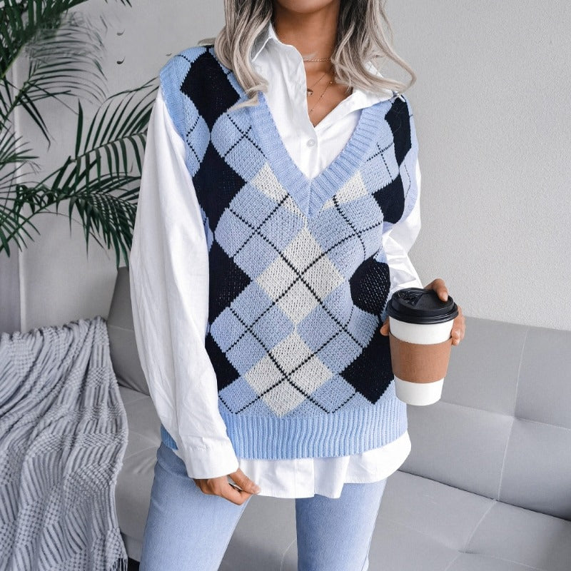 Coco Early Winter Argyle vest Coco Tops Blue / S