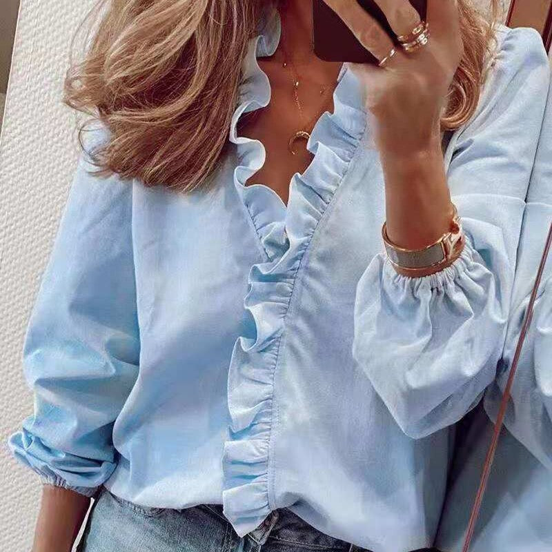 Coco Raleigh V-Neck Ruffled Front Blouse Coco Tops Blue / S