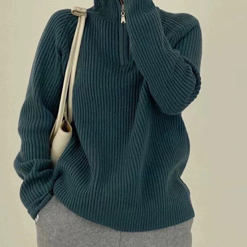 Coco Erin Oversized Zipper Collar Cozy Sweater Coco Tops Green / S