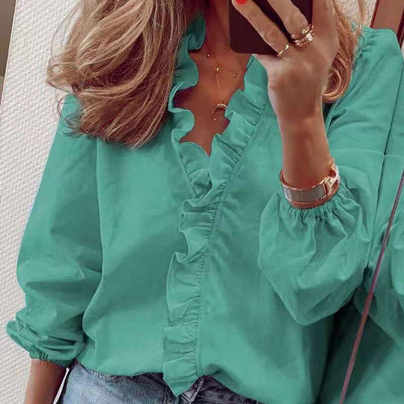 Coco Raleigh V-Neck Ruffled Front Blouse Coco Tops Green / S