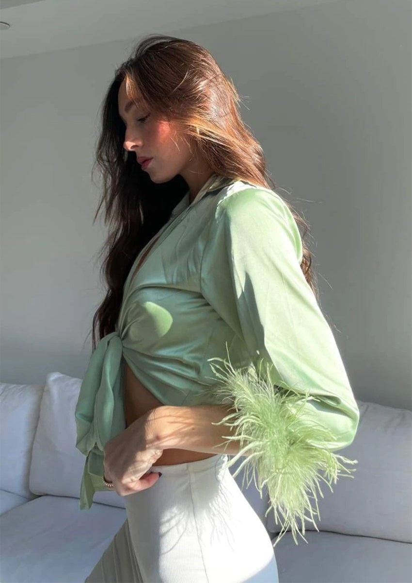 Coco Highly Iconic Feathered Sleeves Crop Top Coco Tops
