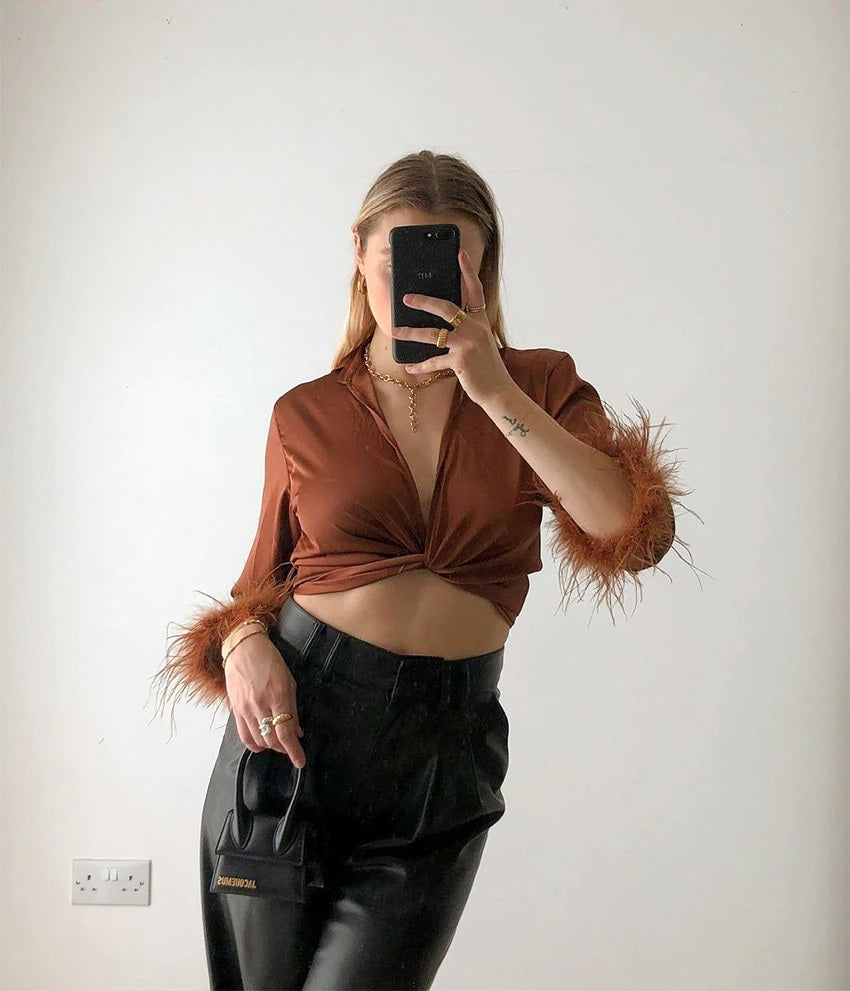 Coco Highly Iconic Feathered Sleeves Crop Top Coco Tops