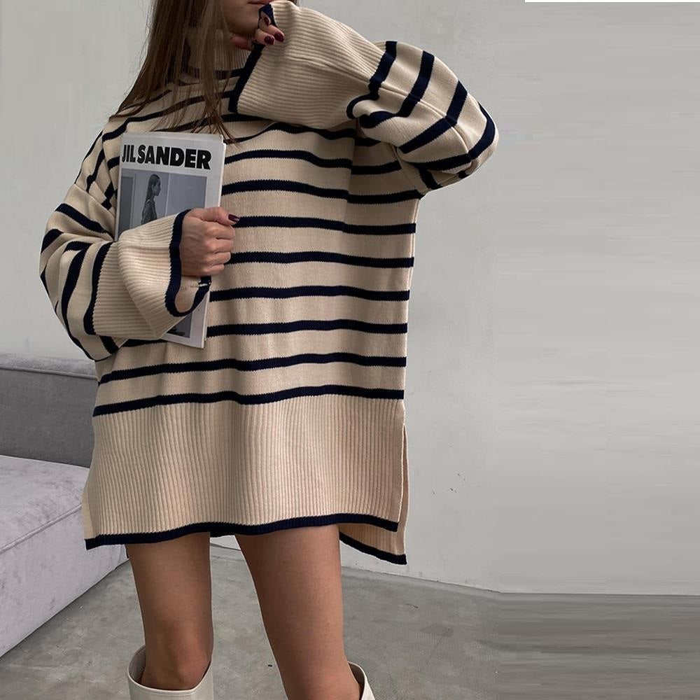 Coco Little Cozier Striped Oversized Turtleneck Sweater Coco Tops Khaki / S