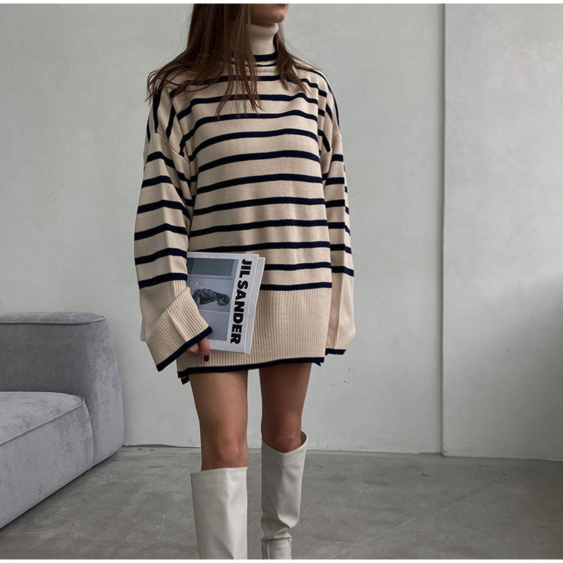 Coco Little Cozier Striped Oversized Turtleneck Sweater Coco Tops