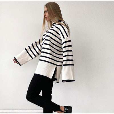 Coco Little Cozier Striped Oversized Turtleneck Sweater Coco Tops