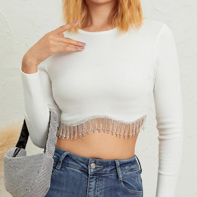 Coco Rhinestone Tassel Crop Ribbed Knit Tank Top Coco Tops Long Sleeves / White / S