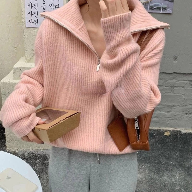 Coco Erin Oversized Zipper Collar Cozy Sweater Coco Tops Pink / S