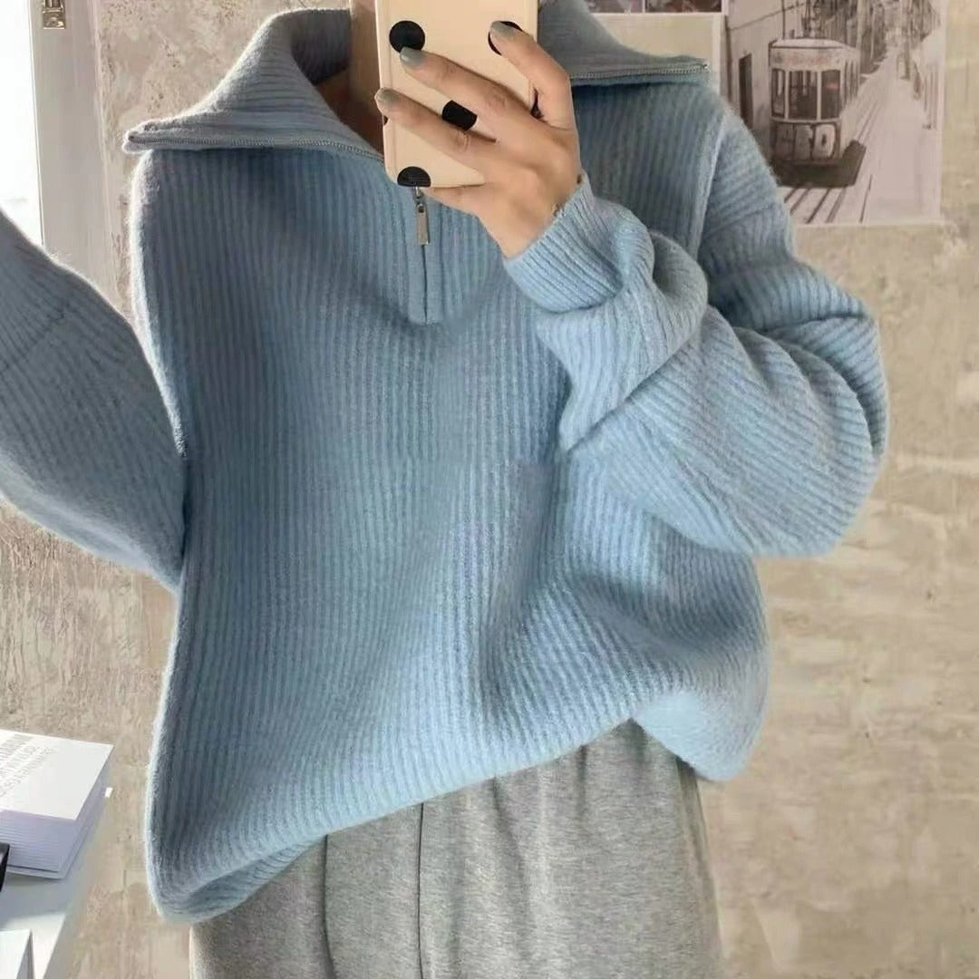 Coco Erin Oversized Zipper Collar Cozy Sweater Coco Tops Sky blue / S