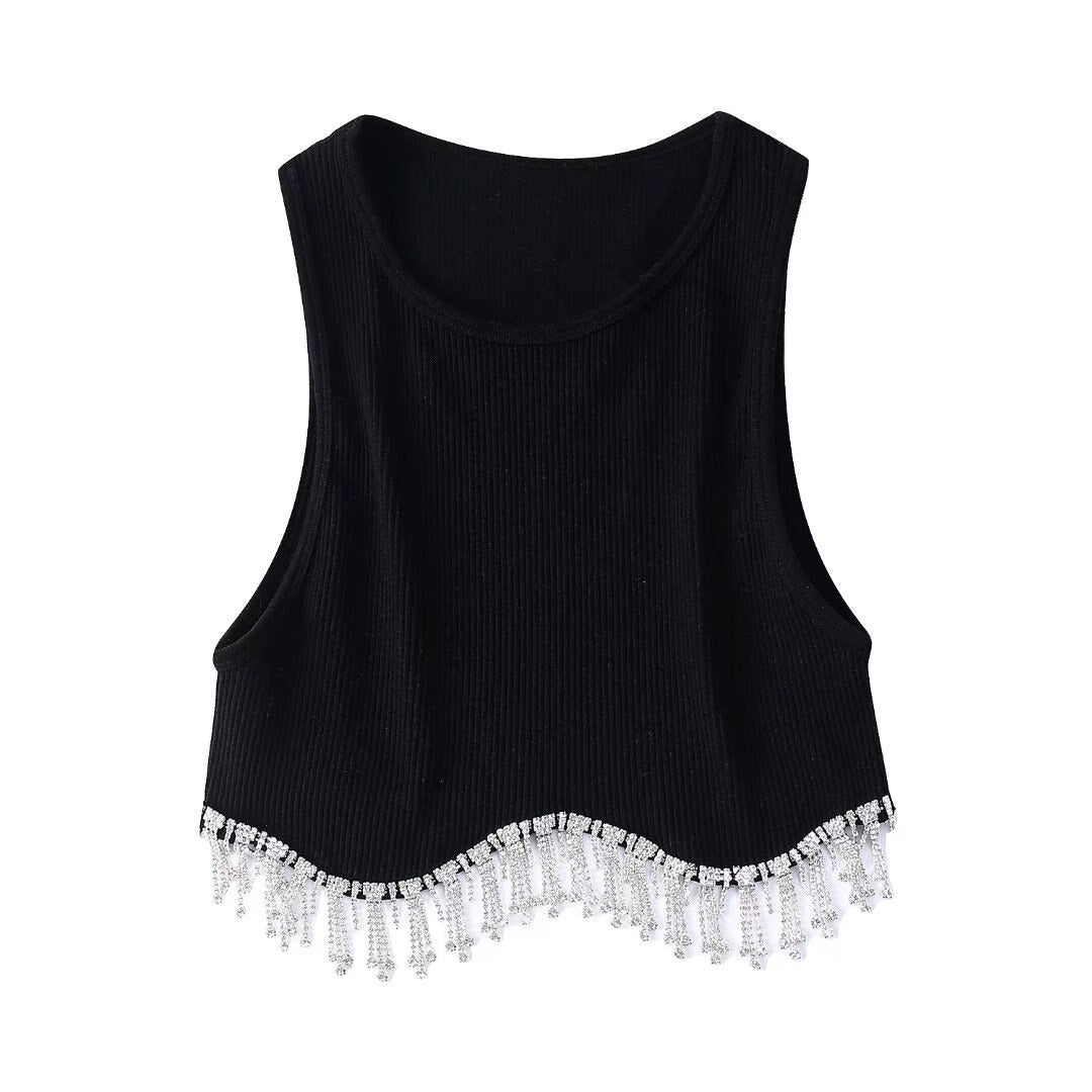 Coco Rhinestone Tassel Crop Ribbed Knit Tank Top Coco Tops Sleeveless / Black / S