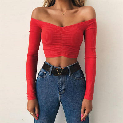 Coco Weekend Outing Off Shoulder Ribbed Crop Top Coco Tops