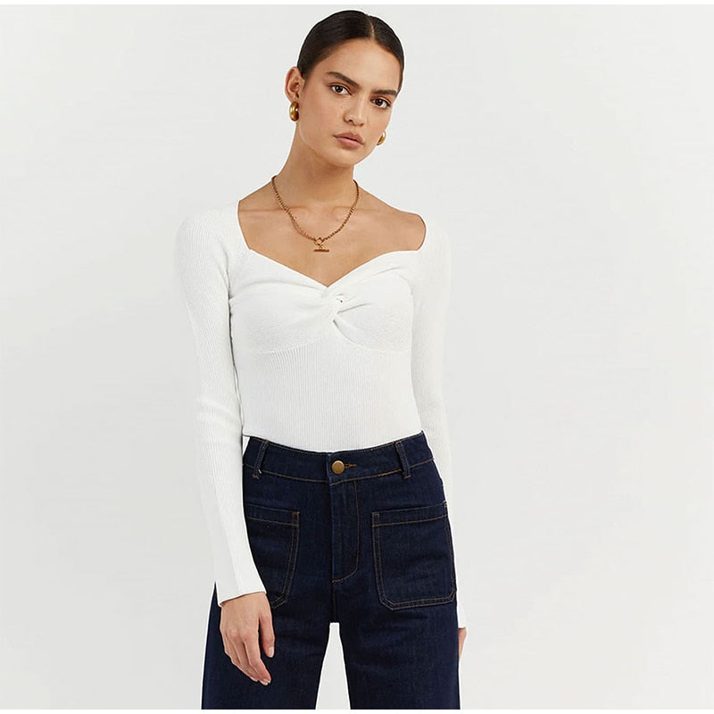 Coco In a Twist Knot Ribbed Long Sleeves Top Coco Tops White / S