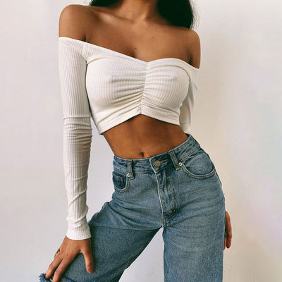 Coco Weekend Outing Off Shoulder Ribbed Crop Top Coco Tops White / S