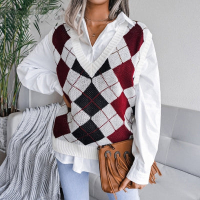 Coco Early Winter Argyle vest Coco Tops Wine red / S