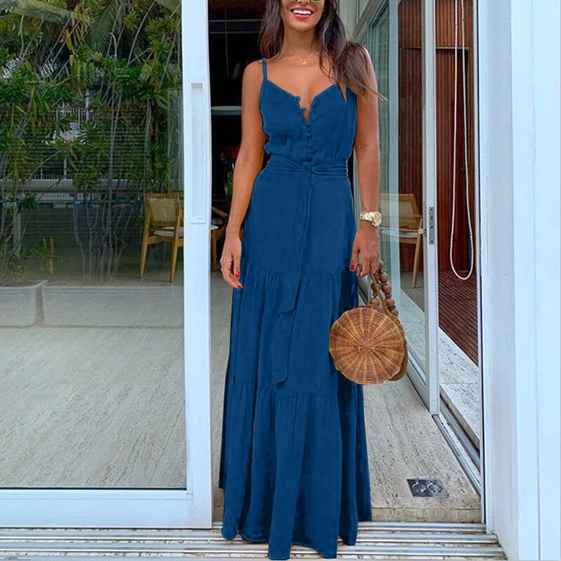 Coco Spaghetti Straps Tiered Maxi Dress Dress Blue / S