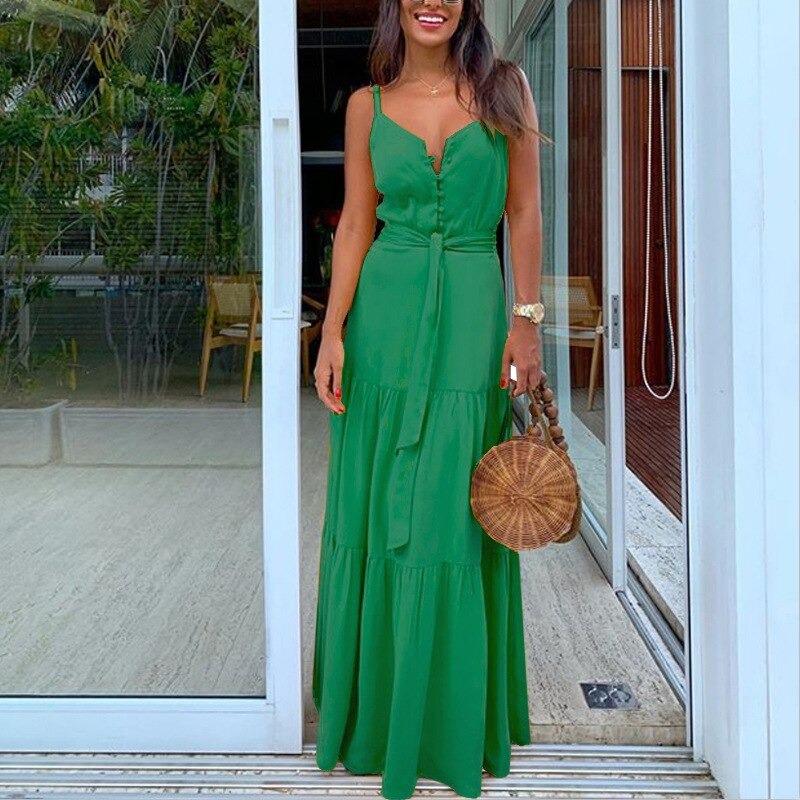 Coco Spaghetti Straps Tiered Maxi Dress Dress Green / S