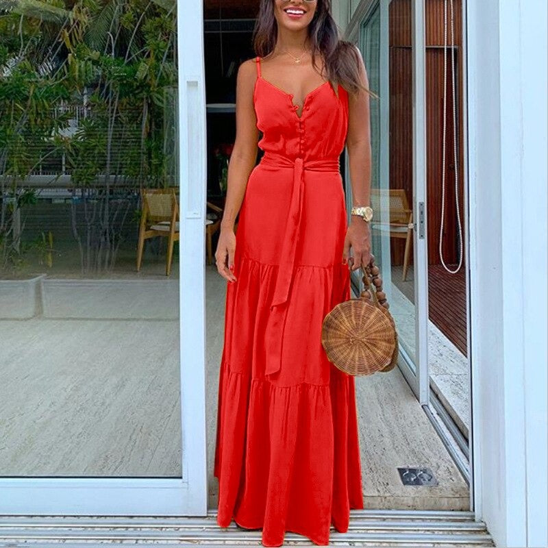 Coco Spaghetti Straps Tiered Maxi Dress Dress Red / S