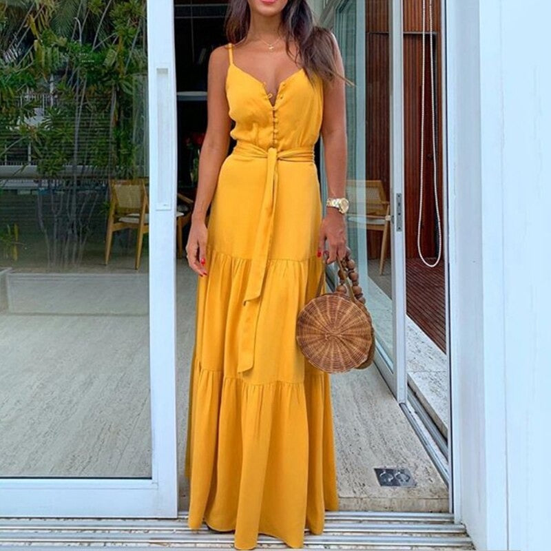 Coco Spaghetti Straps Tiered Maxi Dress Dress Yellow / S