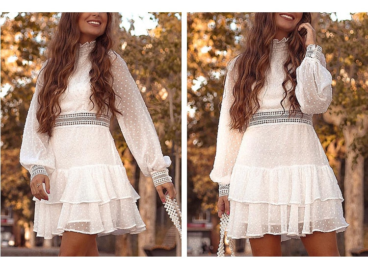 Coco On Point High Neck Vintage Ruffles Dress Dresses White / S