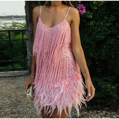 Coco Get in the Groove Sequin Fringe Feather Mini Dress