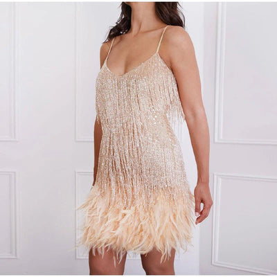 Coco Get in the Groove Sequin Fringe Feather Mini Dress Golden / S
