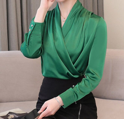 Coco Wrap in Divine Satin Pleated Front Blouse Green / S