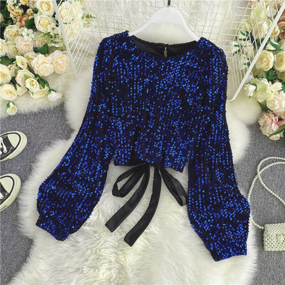 Coco Glitters Lace Up Open Back Sequin Top Shirts & Tops Blue