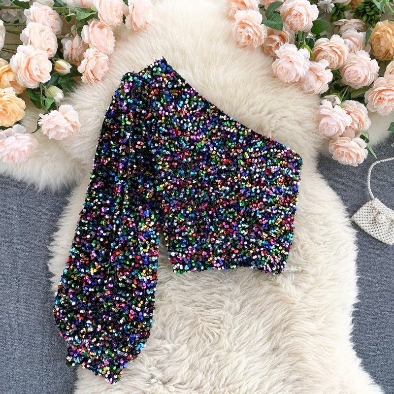 Coco Shinning Style Sequin One-Shoulder Top Shirts & Tops Multicolor