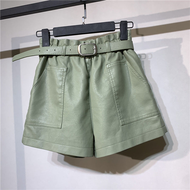 Coco Faux Leather High Waist Belted Shorts Shorts 2 / Green / M