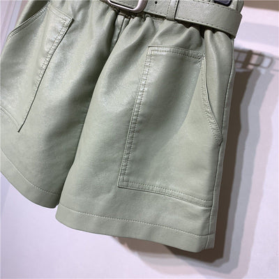 Coco Faux Leather High Waist Belted Shorts Shorts