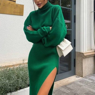 Coco Kaley Two Piece Knitted Turtleneck Sweater and Skirt Set Skirt Suits Green / L