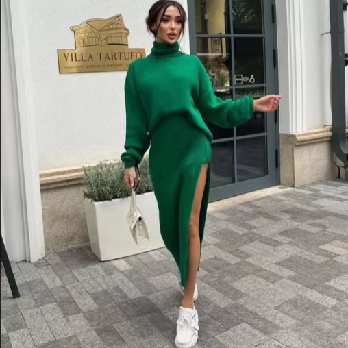 Coco Kaley Two Piece Knitted Turtleneck Sweater and Skirt Set Skirt Suits