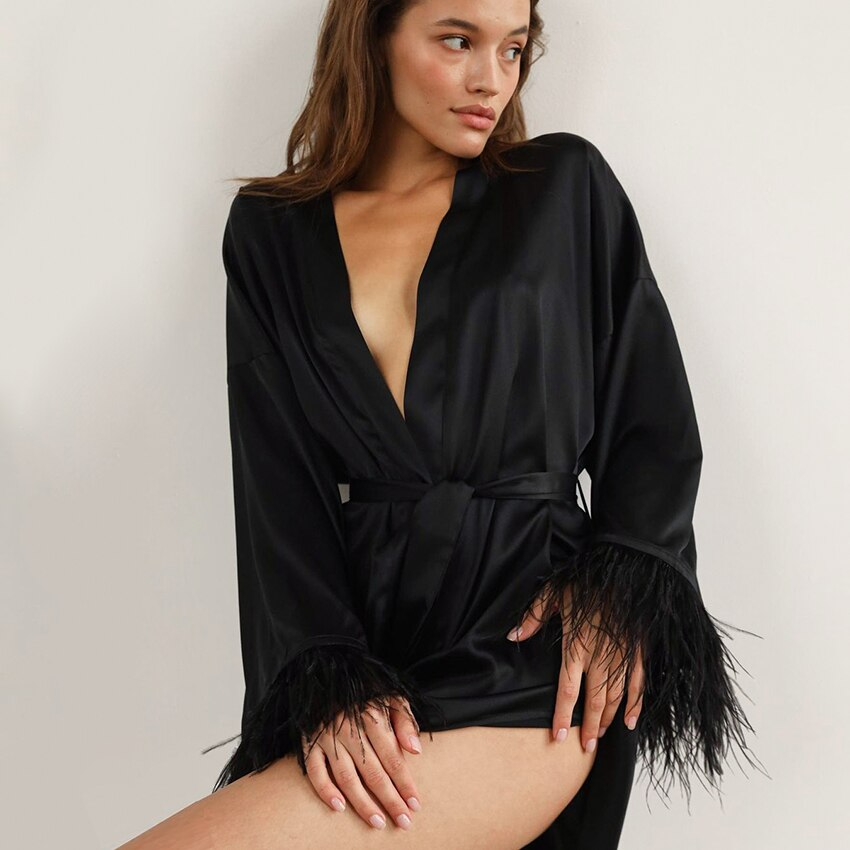 Coco Angelina Satin Feather Sleeves Mini Robe Sleepwear & Loungewear