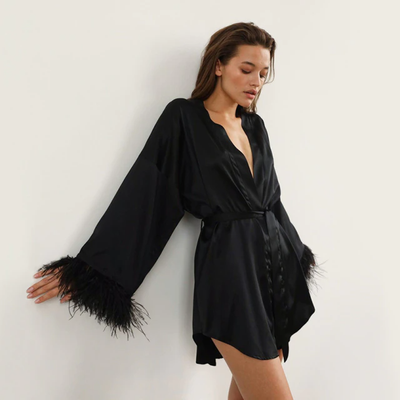 Coco Angelina Satin Feather Sleeves Mini Robe Sleepwear & Loungewear Black / S