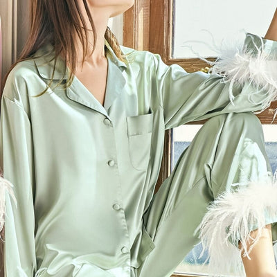 Coco Let Your Romance Bloom Feather Pajamas Set Sleepwear & Loungewear Green / S