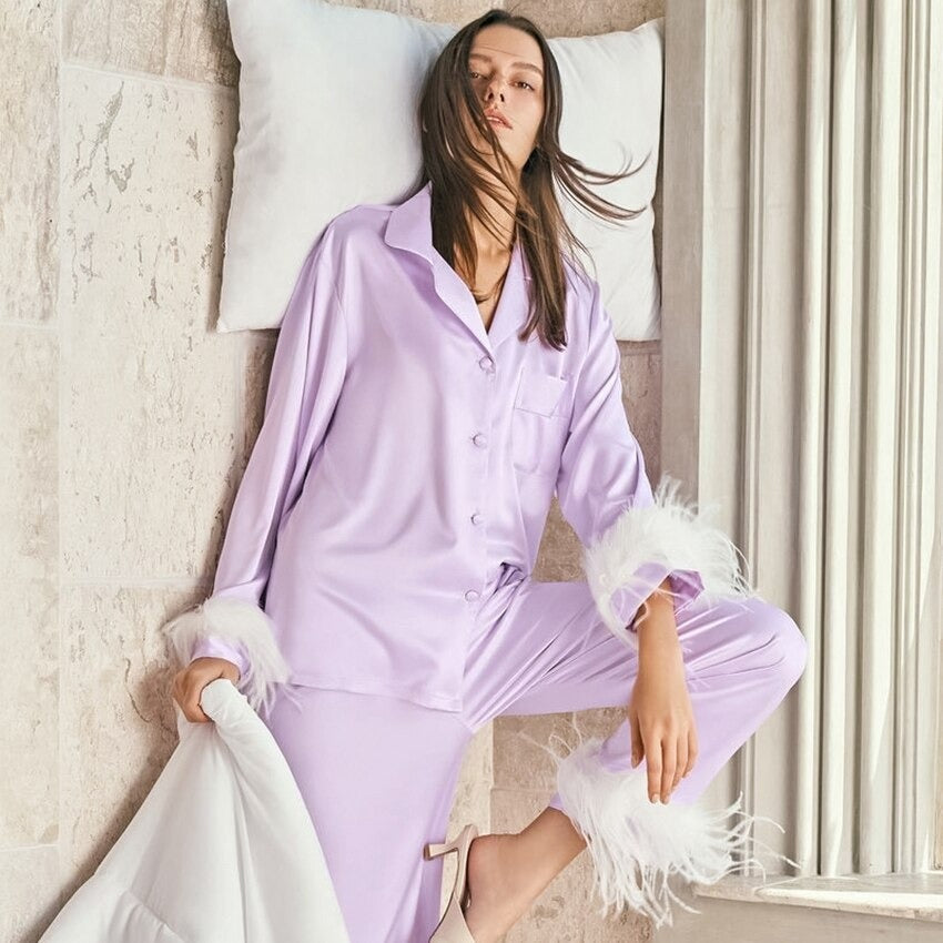 Coco Let Your Romance Bloom Feather Pajamas Set Sleepwear & Loungewear Lavender / S