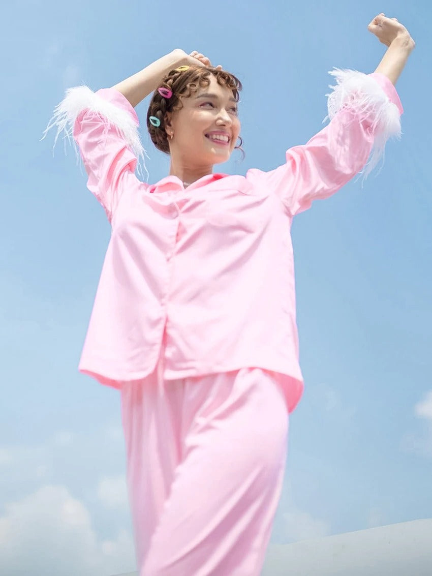 Coco Let Your Romance Bloom Feather Pajamas Set Sleepwear & Loungewear Pink / S