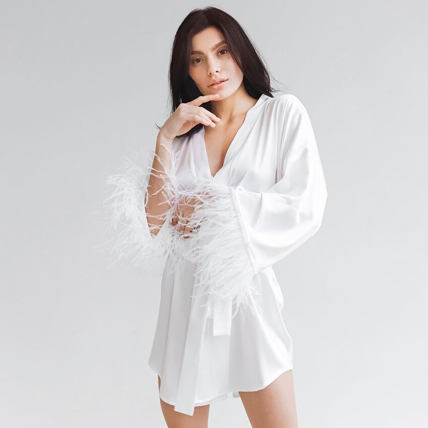 Coco Angelina Satin Feather Sleeves Mini Robe Sleepwear & Loungewear White / S