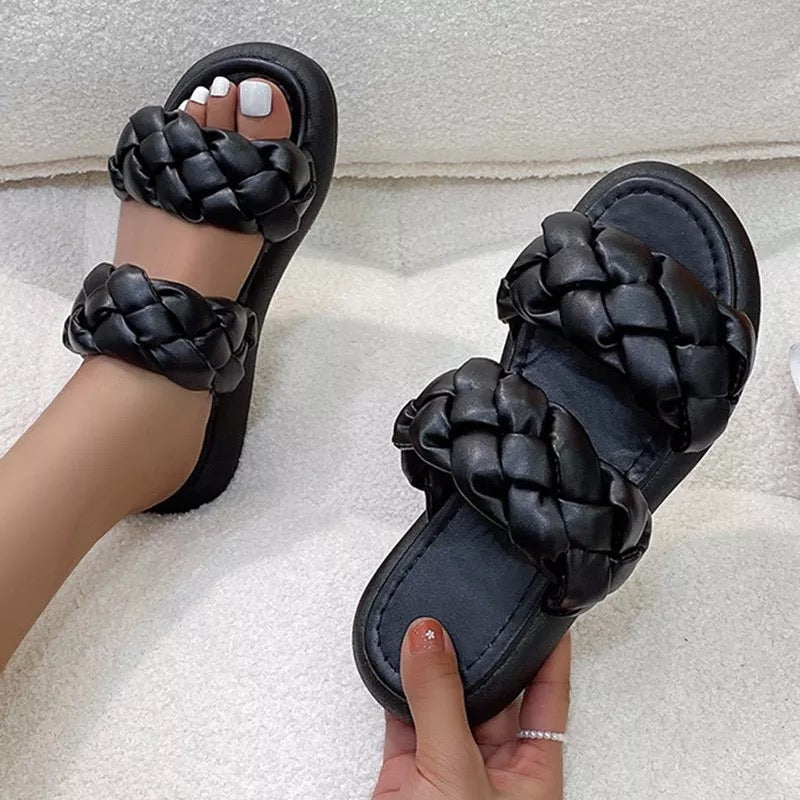 Coco Elona Double Braided PU Leather Slide Sandals slippers Black / 5